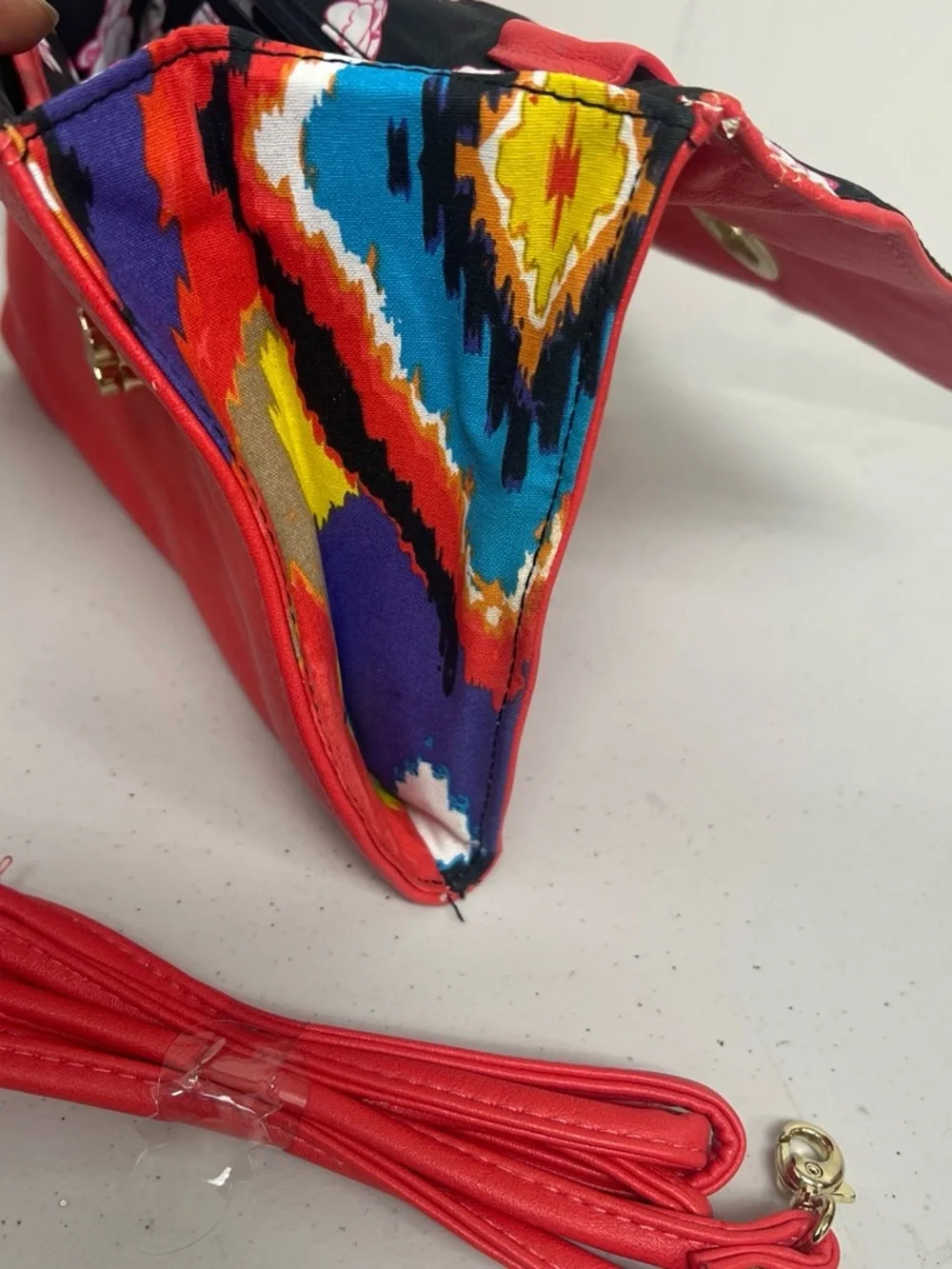 Red Leather Foldover Clutch with Gold Turn-Lock